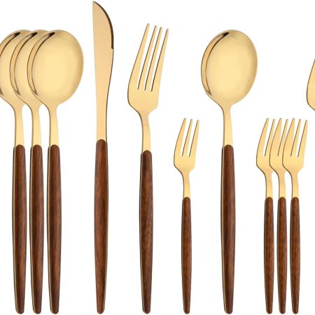 Gold Stainless Steel Flatware Set with Wooden Effect Handle